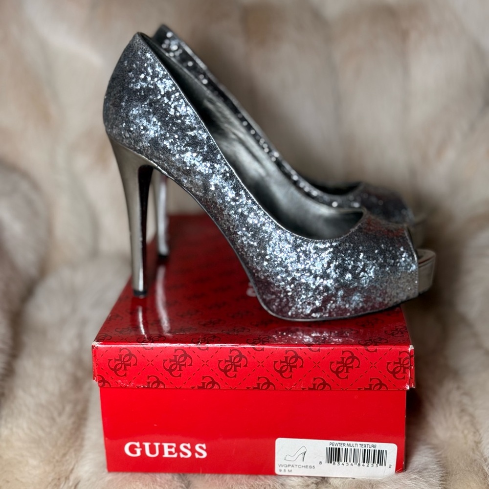 Guess Women's Sparkling Silver Peep Toe Heels - Picture 3 of 6